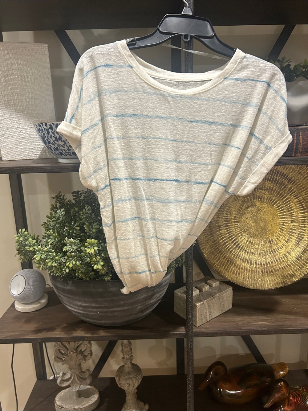 Ava & Viv Cream Short Sleeve Top with Light Blue Stripes